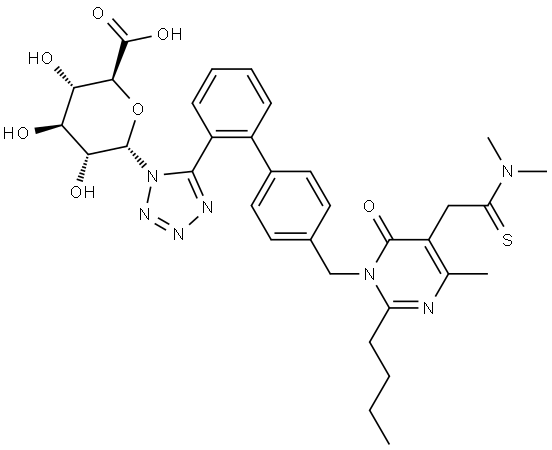 α-D-Glucopyranuronic acid, 1-[5-[4'-[[2-butyl-5-[2-(dimethylamino)-2-thioxoethyl]-4-methyl-6-oxo-1(6H)-pyrimidinyl]methyl][1,1'-biphenyl]-2-yl]-1H-tetrazol-1-yl]-1-deoxy- Struktur