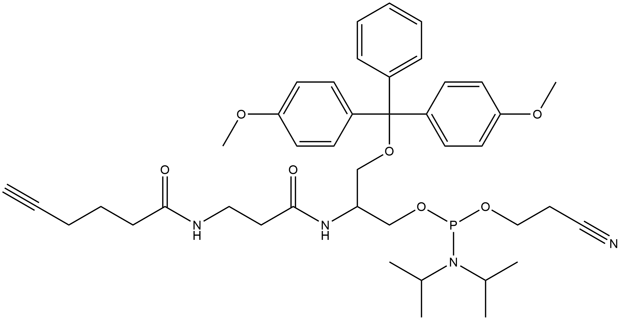 Phosphoramidous acid, N,N-bis(1-methylethyl)-, 3-[bis(4-methoxyphenyl)phenylmethoxy]-2-[[1-oxo-3-[(1-oxo-5-hexyn-1-yl)amino]propyl]amino]propyl 2-cyanoethyl ester Struktur