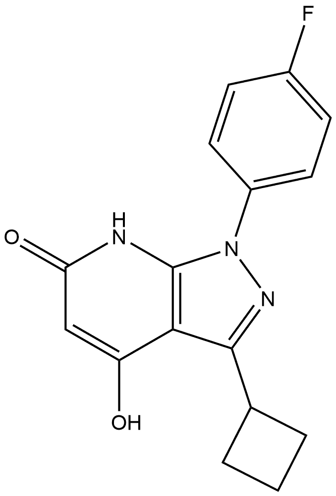 3 - cyclobutyl - 1- ( 4 - fluorophenyl ) -4 - hydroxy - 1,7 - dihydro - 6H - pyrazolo [ 3,4 - b ] pyridin - 6 - on Struktur