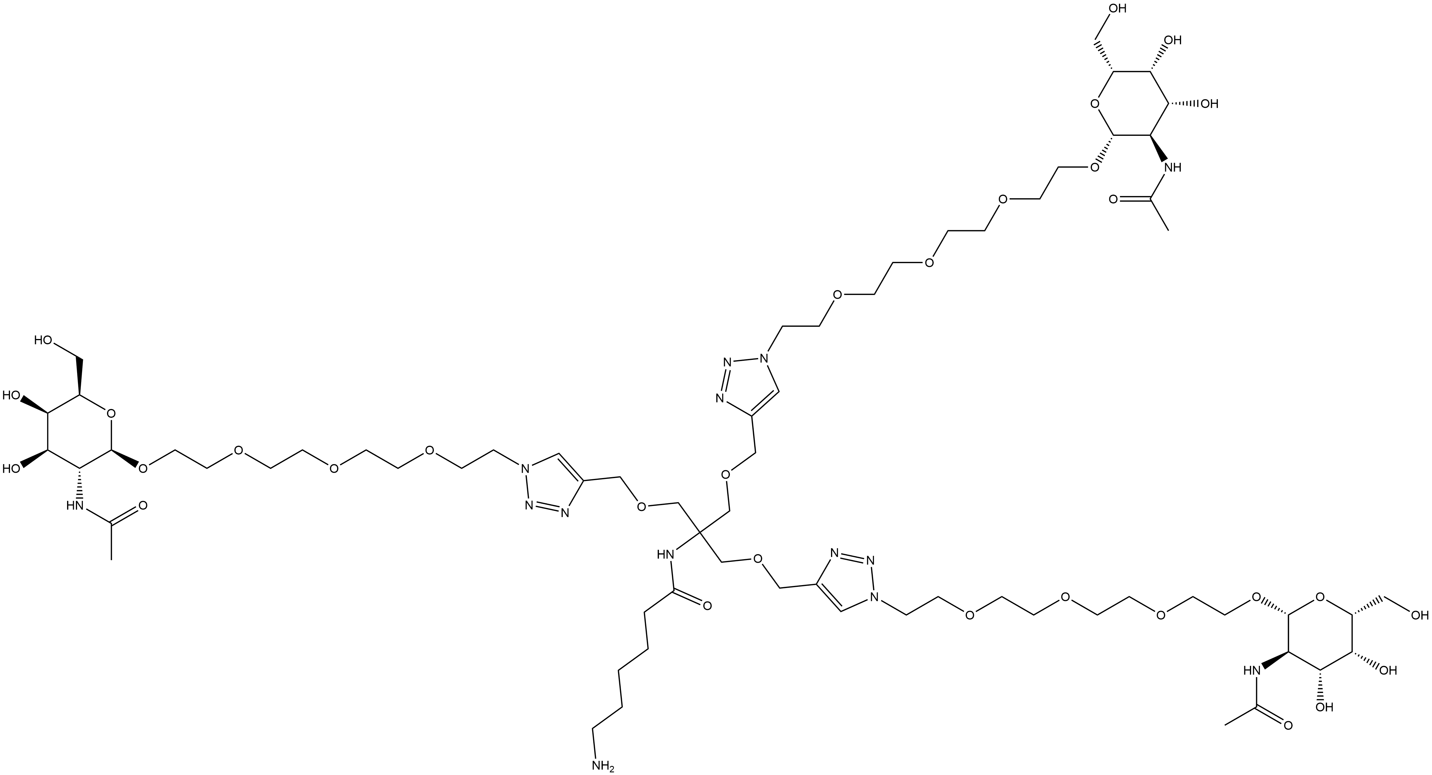 N-[2-[[1-[2-[2-[2-[2-[[2-(Acetylamino)-2-deoxy-β-D-galactopyranosyl]oxy]ethoxy]ethoxy]ethoxy]ethyl]-1H-1,2,3-triazol-4-yl]methoxy]-1,1-bis[[[1-[2-[2-[2-[2-[[2-(acetylamino)-2-deoxy-β-D-galactopyranosyl]oxy]ethoxy]ethoxy]ethoxy]ethyl]-1H-1,2,3-triazol-4-yl]methoxy]methyl]ethyl]-6-aminohexanamide Struktur