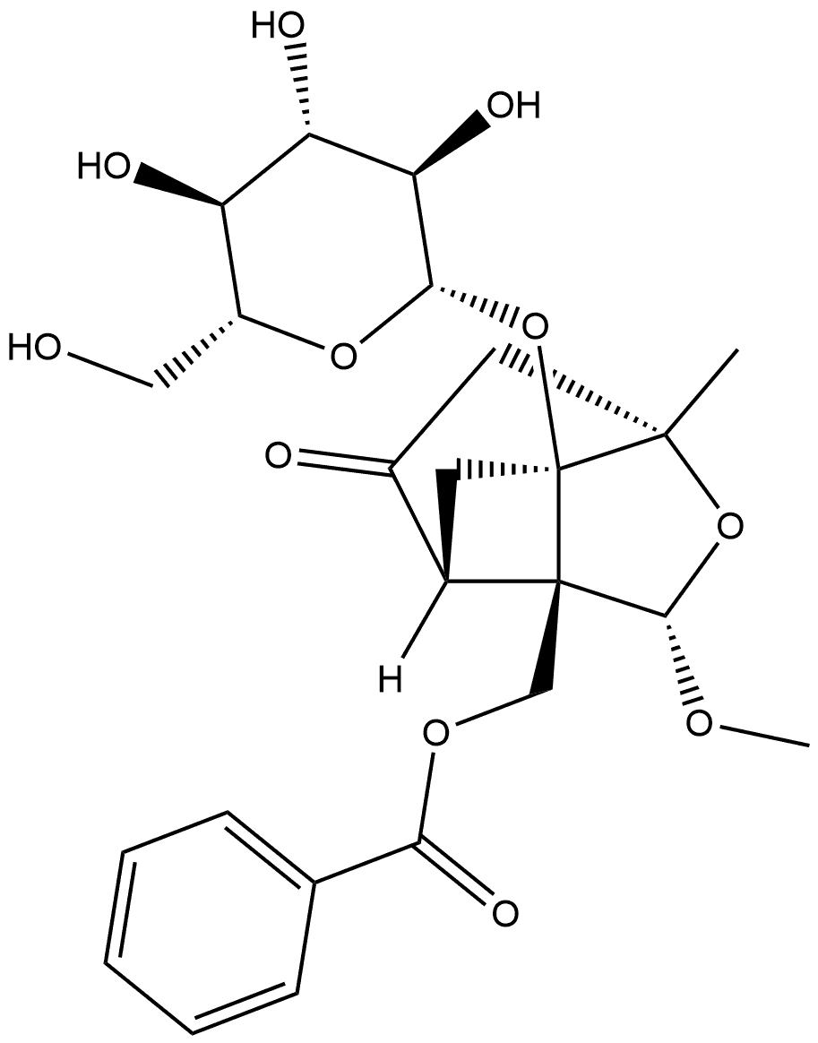 7-Oxatricyclo[4.3.0.03,9]nonan-4-one, 9-[(benzoyloxy)methyl]-1-(β-D-glucopyranosyloxy)-8-methoxy-6-methyl-, (1R,3R,6S,8S,9S)- Struktur