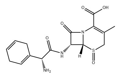 5-Thia-1-azabicyclo[4.2.0]oct-2-ene-2-carboxylic acid, 7-[[(2R)-2-amino-2-(1,4-cyclohexadien-1-yl)acetyl]amino]-3-methyl-8-oxo-, 5-oxide, (6R,7R)- Struktur