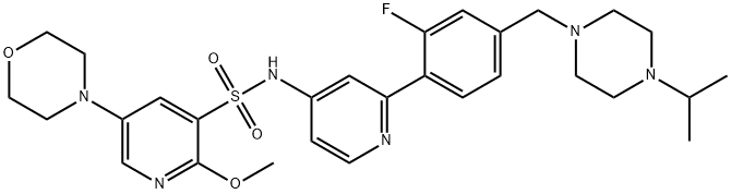 3-Pyridinesulfonamide, N-[2-[2-fluoro-4-[[4-(1-methylethyl)-1-piperazinyl]methyl]phenyl]-4-pyridinyl]-2-methoxy-5-(4-morpholinyl)- Struktur