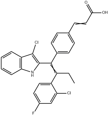 (E)-3-(4-((E)-1-(3-chloro-1H-indol-2-yl)-2-(2-chloro-4-fluorophenyl)but-1-en-1-yl)phenyl)acrylic acid Struktur