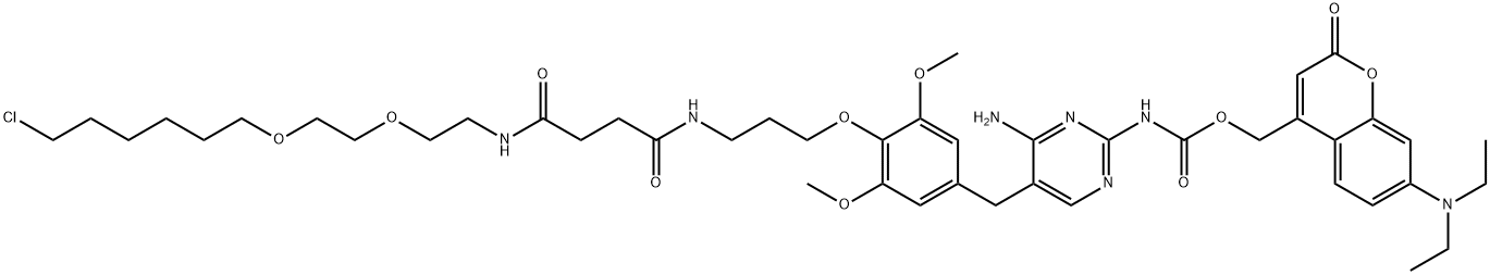 Carbamic acid, N-[4-amino-5-[[4-[(21-chloro-5,8-dioxo-12,15-dioxa-4,9-diazaheneicos-1-yl)oxy]-3,5-dimethoxyphenyl]methyl]-2-pyrimidinyl]-, [7-(diethylamino)-2-oxo-2H-1-benzopyran-4-yl]methyl ester Struktur