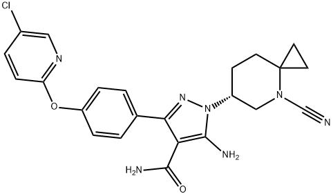 1H-Pyrazole-4-carboxamide, 5-amino-3-[4-[(5-chloro-2-pyridinyl)oxy]phenyl]-1-[(6R)-4-cyano-4-azaspiro[2.5]oct-6-yl]- Struktur