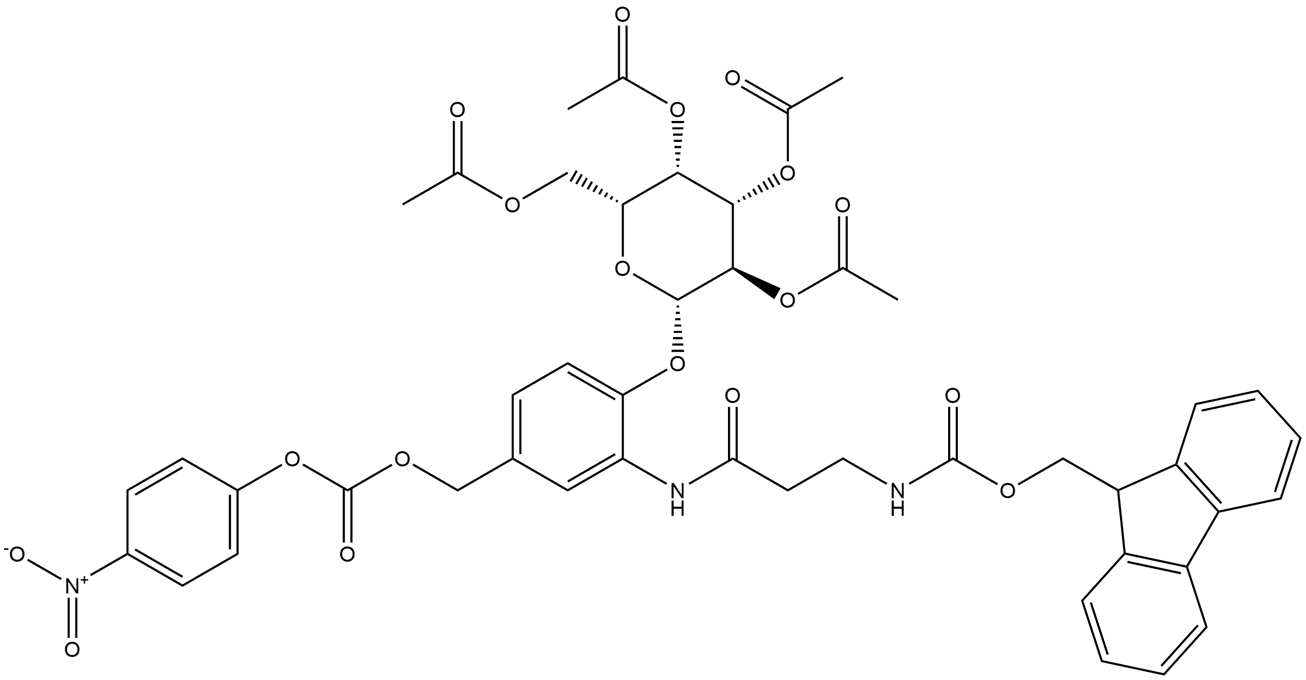 Carbamic acid, N-[3-[[5-[[[(4-nitrophenoxy)carbonyl]oxy]methyl]-2-[(2,3,4,6-tetra-O-acetyl-β-D-galactopyranosyl)oxy]phenyl]amino]-3-oxopropyl]-, 9H-fluoren-9-ylmethyl ester Struktur