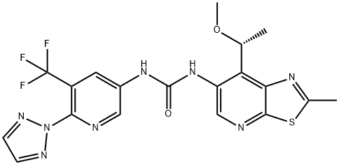 Urea, N-[7-[(1R)-1-methoxyethyl]-2-methylthiazolo[5,4-b]pyridin-6-yl]-N'-[6-(2H-1,2,3-triazol-2-yl)-5-(trifluoromethyl)-3-pyridinyl]- Struktur