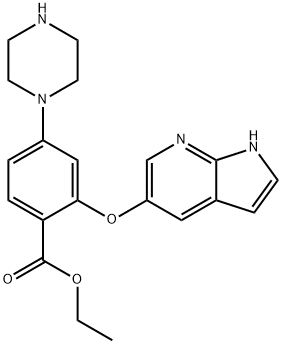 Benzoic acid, 4-(1-piperazinyl)-2-(1H-pyrrolo[2,3-b]pyridin-5-yloxy)-, ethyl ester Struktur