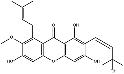 9H-Xanthen-9-one, 1,3,6-trihydroxy-2-[(1Z)-3-hydroxy-3-methyl-1-buten-1-yl]-7-methoxy-8-(3-methyl-2-buten-1-yl)- Struktur