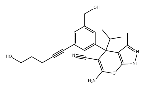 Pyrano[2,3-c]pyrazole-5-carbonitrile, 6-amino-1,4-dihydro-4-[3-(hydroxymethyl)-5-(5-hydroxy-1-pentyn-1-yl)phenyl]-3-methyl-4-(1-methylethyl)- Struktur