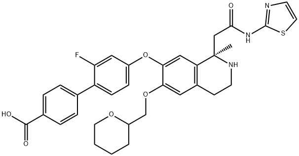 [1,1'-Biphenyl]-4-carboxylic acid, 2'-fluoro-4'-[[(1R)-1,2,3,4-tetrahydro-1-methyl-1-[2-oxo-2-(2-thiazolylamino)ethyl]-6-[(tetrahydro-2H-pyran-2-yl)methoxy]-7-isoquinolinyl]oxy]- Struktur