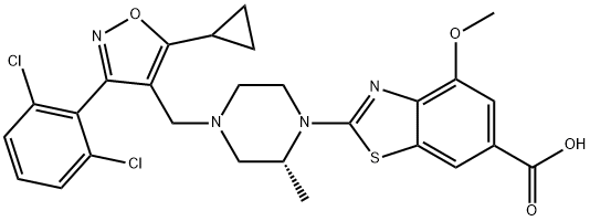 6-Benzothiazolecarboxylic acid, 2-[(2R)-4-[[5-cyclopropyl-3-(2,6-dichlorophenyl)-4-isoxazolyl]methyl]-2-methyl-1-piperazinyl]-4-methoxy- Struktur