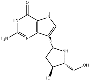 4H-Pyrrolo3,2-dpyrimidin-4-one, 2-amino-1,5-dihydro-7-(2R,4S,5R)-4-hydroxy-5-(hydroxymethyl)-2-pyrrolidinyl- Struktur