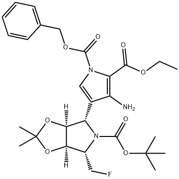 1H-Pyrrole-1,2-dicarboxylic acid, 3-amino-4-(3aS,4S,6S,6aR)-5-(1,1-dimethylethoxy)carbonyl-6-(fluoromethyl)tetrahydro-2,2-dimethyl-4H-1,3-dioxolo4,5-cpyrrol-4-yl-, 2-ethyl 1-(phenylmethyl) ester Struktur