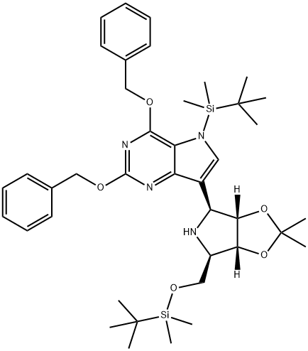 5H-Pyrrolo3,2-dpyrimidine, 5-(1,1-dimethylethyl)dimethylsilyl-7-(3aS,4S,6R,6aR)-6-(1,1-dimethylethyl)dimethylsilyloxymethyltetrahydro-2,2-dimethyl-4H-1,3-dioxolo4,5-cpyrrol-4-yl-2,4-bis(phenylmethoxy)- Struktur