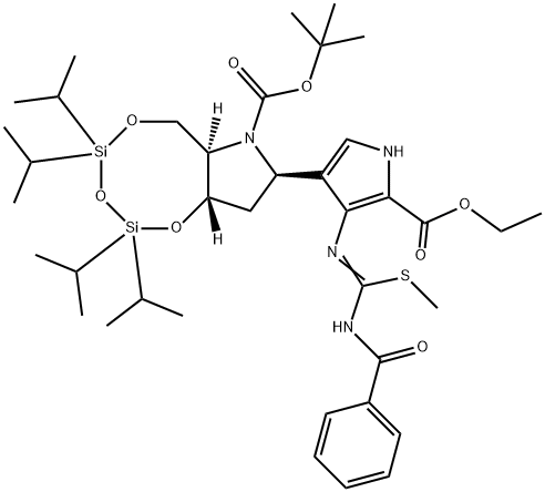 1,3,5,2,4-Trioxadisilocino7,6-bpyrrole-7(6H)-carboxylic acid, 8-4-(benzoylamino)(methylthio)methyleneamino-5-(ethoxycarbonyl)-1H-pyrrol-3-yltetrahydro-2,2,4,4-tetrakis(1-methylethyl)-, 1,1-dimethylethyl ester, (6aR,8R,9aS)- Struktur