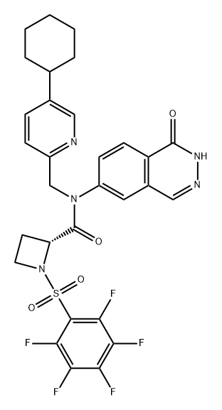 2-Azetidinecarboxamide, N-[(5-cyclohexyl-2-pyridinyl)methyl]-N-(1,2-dihydro-1-oxo-6-phthalazinyl)-1-[(2,3,4,5,6-pentafluorophenyl)sulfonyl]-, (2R)- Struktur