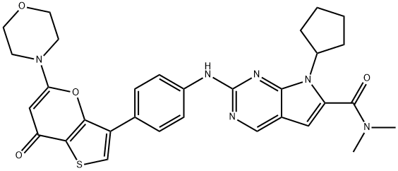 7H-Pyrrolo[2,3-d]pyrimidine-6-carboxamide, 7-cyclopentyl-N,N-dimethyl-2-[[4-[5-(4-morpholinyl)-7-oxo-7H-thieno[3,2-b]pyran-3-yl]phenyl]amino]- Struktur