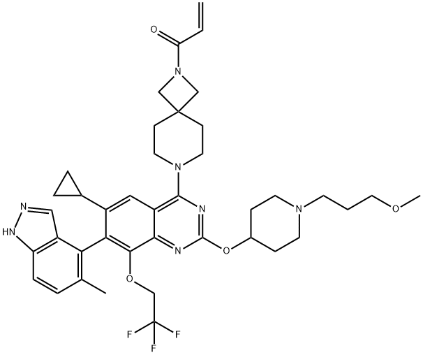 2-Propen-1-one, 1-[7-[6-cyclopropyl-2-[[1-(3-methoxypropyl)-4-piperidinyl]oxy]-7-(5-methyl-1H-indazol-4-yl)-8-(2,2,2-trifluoroethoxy)-4-quinazolinyl]-2,7-diazaspiro[3.5]non-2-yl]- Struktur