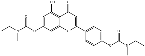 Carbamic acid, N-ethyl-N-methyl-, 4-[7-[[(ethylmethylamino)carbonyl]oxy]-5-hydroxy-4-oxo-4H-1-benzopyran-2-yl]phenyl ester Struktur