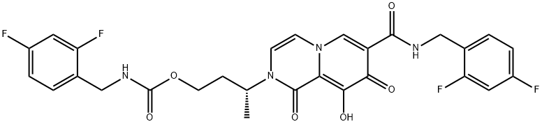 Carbamic acid, N-?[(2,?4-?difluorophenyl)?methyl]?-?, (3R)?-?3-?[7-?[[[(2,?4-?difluorophenyl)?methyl]?amino]?carbonyl]?-?1,?8-?dihydro-?9-?hydroxy-?1,?8-?dioxo-?2H-?pyrido[1,?2-?a]?pyrazin-?2-?yl]?butyl ester Struktur