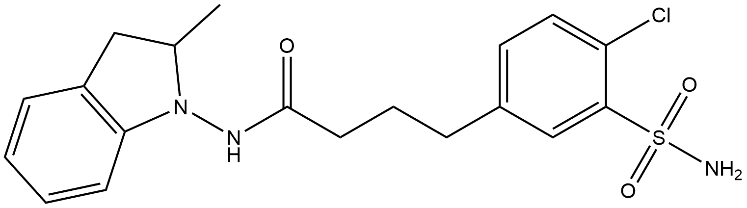 3-(Aminosulfonyl)-4-chloro-N-(2,3-dihydro-2-methyl-1H-indol-1-yl)benzenebutanamide Struktur