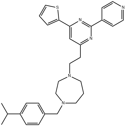 1H-1,4-Diazepine, hexahydro-1-[[4-(1-methylethyl)phenyl]methyl]-4-[2-[2-(4-pyridinyl)-6-(2-thienyl)-4-pyrimidinyl]ethyl]- Struktur