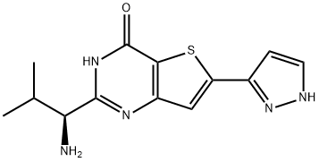 Thieno[3,2-d]pyrimidin-4(3H)-one, 2-[(1S)-1-amino-2-methylpropyl]-6-(1H-pyrazol-3-yl)- Struktur