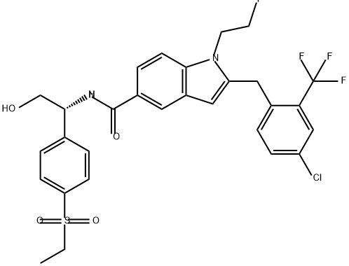 1H-Indole-5-carboxamide, 2-[[4-chloro-2-(trifluoromethyl)phenyl]methyl]-N-[(1R)-1-[4-(ethylsulfonyl)phenyl]-2-hydroxyethyl]-1-(2-fluoroethyl)- Struktur