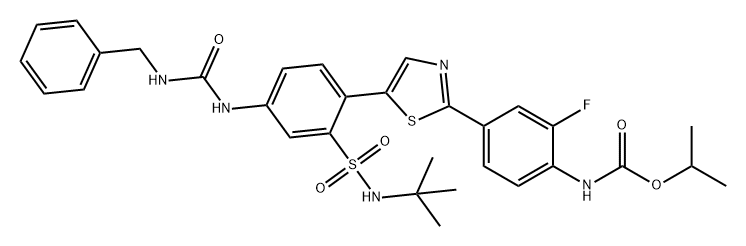 Carbamic acid, N-[4-[5-[2-[[(1,1-dimethylethyl)amino]sulfonyl]-4-[[[(phenylmethyl)amino]carbonyl]amino]phenyl]-2-thiazolyl]-2-fluorophenyl]-, 1-methylethyl ester Struktur