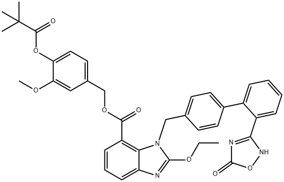 1H-Benzimidazole-7-carboxylic acid, 1-[[2'-(2,5-dihydro-5-oxo-1,2,4-oxadiazol-3-yl)[1,1'-biphenyl]-4-yl]methyl]-2-ethoxy-, [4-(2,2-dimethyl-1-oxopropoxy)-3-methoxyphenyl]methyl ester Struktur