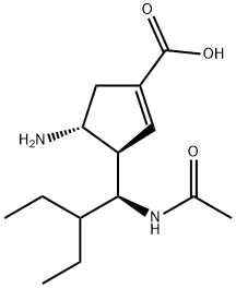 1-Cyclopentene-1-carboxylic acid, 3-[(1S)-1-(acetylamino)-2-ethylbutyl]-4-amino-, (3R,4R)- Struktur