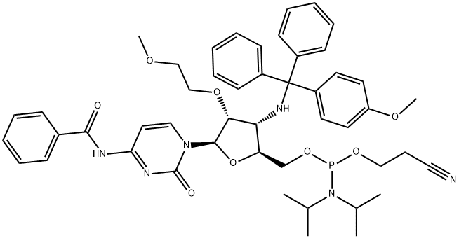 Cytidine, N-?benzoyl-?3'-?deoxy-?2'-?O-?(2-?methoxyethyl)?-?3'-?[[(4-?methoxyphenyl)?diphenylmethyl]?amino]?-?, 5'-?[2-?cyanoethyl N,?N-?bis(1-?methylethyl)?phosphoramidite] Struktur