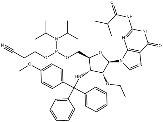 Guanosine, 3'-?deoxy-?2'-?O-?ethyl-?3'-?[[(4-?methoxyphenyl)?diphenylmethyl]?amino]?-?N-?(2-?methyl-?1-?oxopropyl)?-?, 5'-?[2-?cyanoethyl N,?N-?bis(1-?methylethyl)?phosphoramidite] Struktur