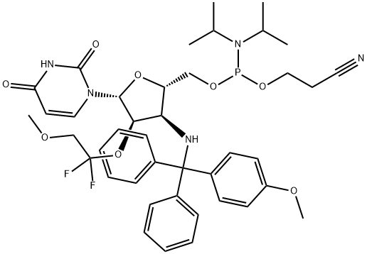 Uridine, 3'-?deoxy-?2'-?O-?(1,?1-?difluoro-?2-?methoxyethyl)?-?3'-?[[(4-?methoxyphenyl)?diphenylmethyl]?amino]?-?, 5'-?[2-?cyanoethyl N,?N-?bis(1-?methylethyl)?phosphoramidite] Struktur