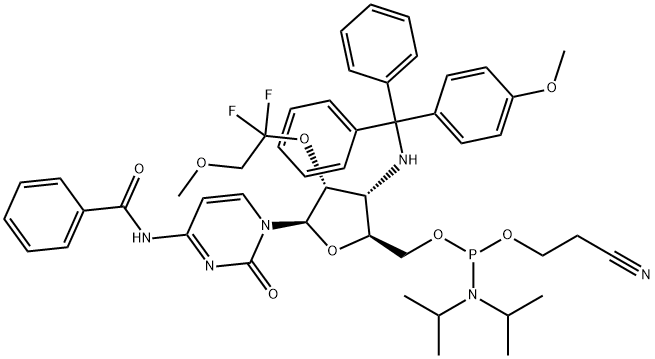 Cytidine, N-?benzoyl-?3'-?deoxy-?2'-?O-?(1,?1-?difluoro-?2-?methoxyethyl)?-?3'-?[[(4-?methoxyphenyl)?diphenylmethyl]?amino]?-?, 5'-?[2-?cyanoethyl N,?N-?bis(1-?methylethyl)?phosphoramidite] Struktur