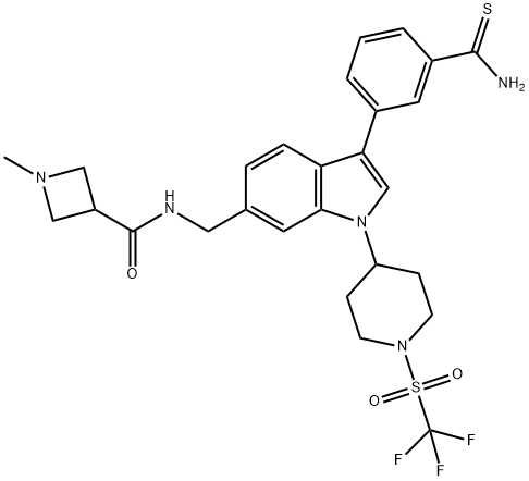 3-Azetidinecarboxamide, N-[[3-[3-(aminothioxomethyl)phenyl]-1-[1-[(trifluoromethyl)sulfonyl]-4-piperidinyl]-1H-indol-6-yl]methyl]-1-methyl- Struktur