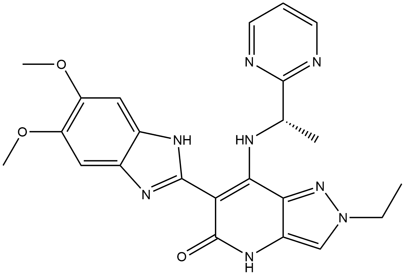 (S)-6-(5,6-dimethoxy-1H-benzo[d]imidazol-2-yl)-2-ethyl-7-((1-(pyrimidin-2-yl)ethyl)amino)-2,4-dihydro-5H-pyrazolo[4,3-b]pyridin-5-one Struktur