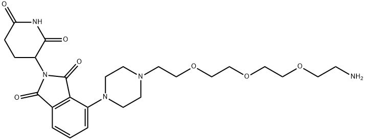 4-[4-[2-[2-[2-(2-aminoethoxy)ethoxy]ethoxy]ethyl]-1-piperazinyl]-2-(2,6-dioxo-3-piperidinyl)-1H-Isoindole-1,3(2H)-dione, Struktur