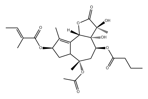 2-Butenoic acid, 2-methyl-, (3S,3aR,4S,6S,8R,9bS)-6-(acetyloxy)-2,3,3a,4,5,6,6a,7,8,9b-decahydro-3,3a-dihydroxy-3,6,9-trimethyl-2-oxo-4-(1-oxobutoxy)azuleno[4,5-b]furan-8-yl ester, (2E)- Struktur