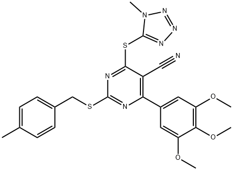 5-Pyrimidinecarbonitrile, 2-[[(4-methylphenyl)methyl]thio]-4-[(1-methyl-1H-tetrazol-5-yl)thio]-6-(3,4,5-trimethoxyphenyl)- Struktur