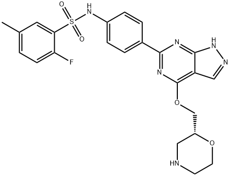 Benzenesulfonamide, 2-fluoro-5-methyl-N-[4-[4-[(2R)-2-morpholinylmethoxy]-1H-pyrazolo[3,4-d]pyrimidin-6-yl]phenyl]- Struktur