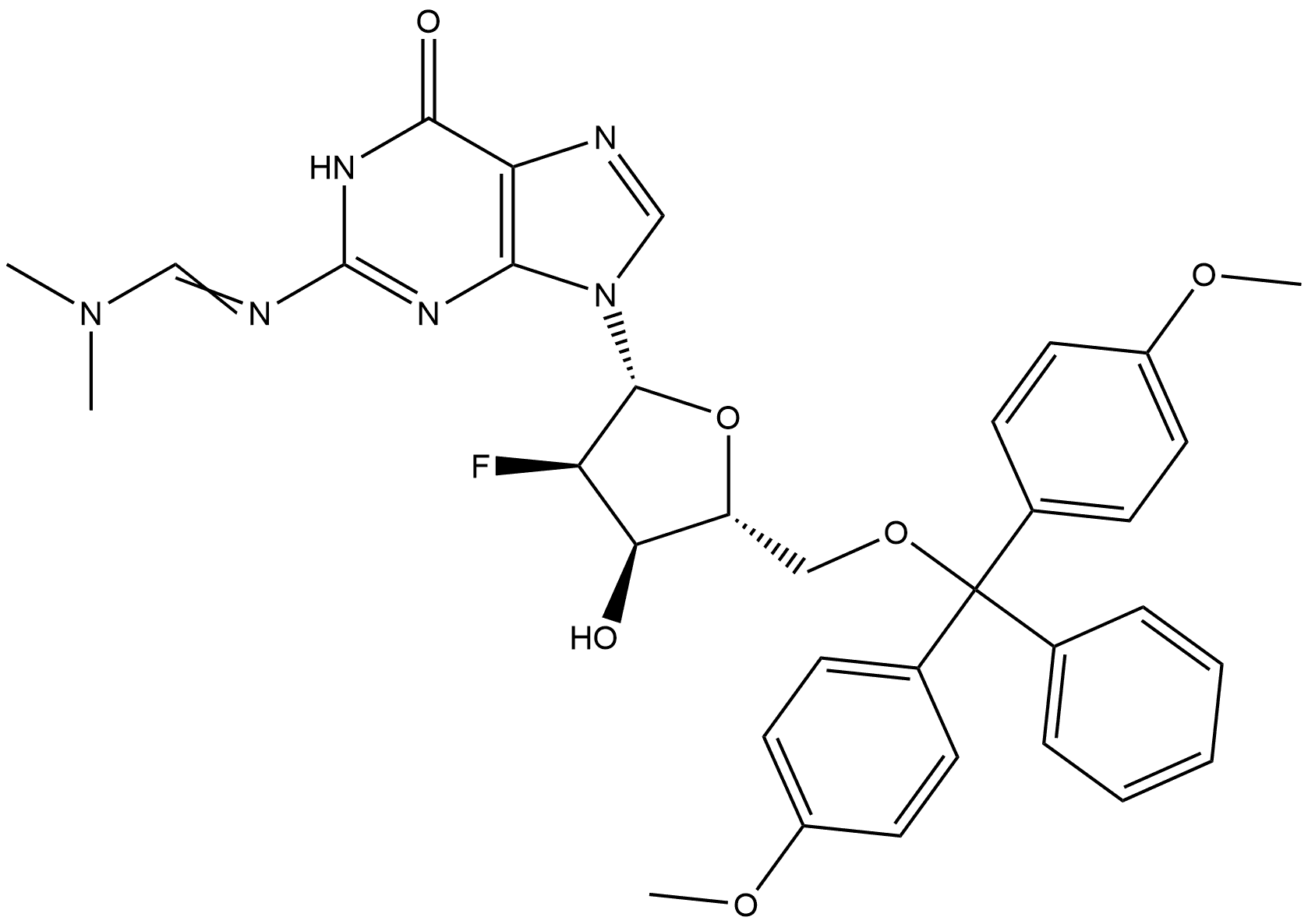 Guanosine, 5′-O-[bis(4-methoxyphenyl)phenylmethyl]-2′-deoxy-2′-fluoro-N-[(dimethylamino)methylene]- Struktur