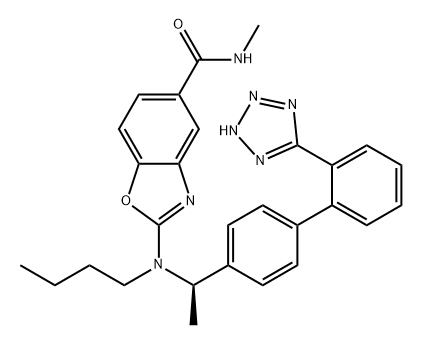 5-Benzoxazolecarboxamide, 2-[butyl[(1R)-1-[2'-(2H-tetrazol-5-yl)[1,1'-biphenyl]-4-yl]ethyl]amino]-N-methyl- Struktur