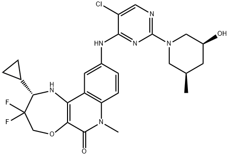 [1,4]Oxazepino[2,3-c]quinolin-6(7H)-one, 10-[[5-chloro-2-[(3S,5R)-3-hydroxy-5-methyl-1-piperidinyl]-4-pyrimidinyl]amino]-2-cyclopropyl-3,3-difluoro-1,2,3,4-tetrahydro-7-methyl-, (2S)- Struktur