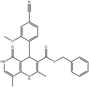 1,6-Naphthyridine-3-carboxylic acid, 4-(4-cyano-2-methoxyphenyl)-1,4,5,6-tetrahydro-2,8-dimethyl-5-oxo-, phenylmethyl ester Struktur