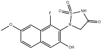 1,2,5-Thiadiazolidin-3-one, 5-(1-fluoro-3-hydroxy-7-methoxy-2-naphthalenyl)-, 1,1-dioxide Struktur