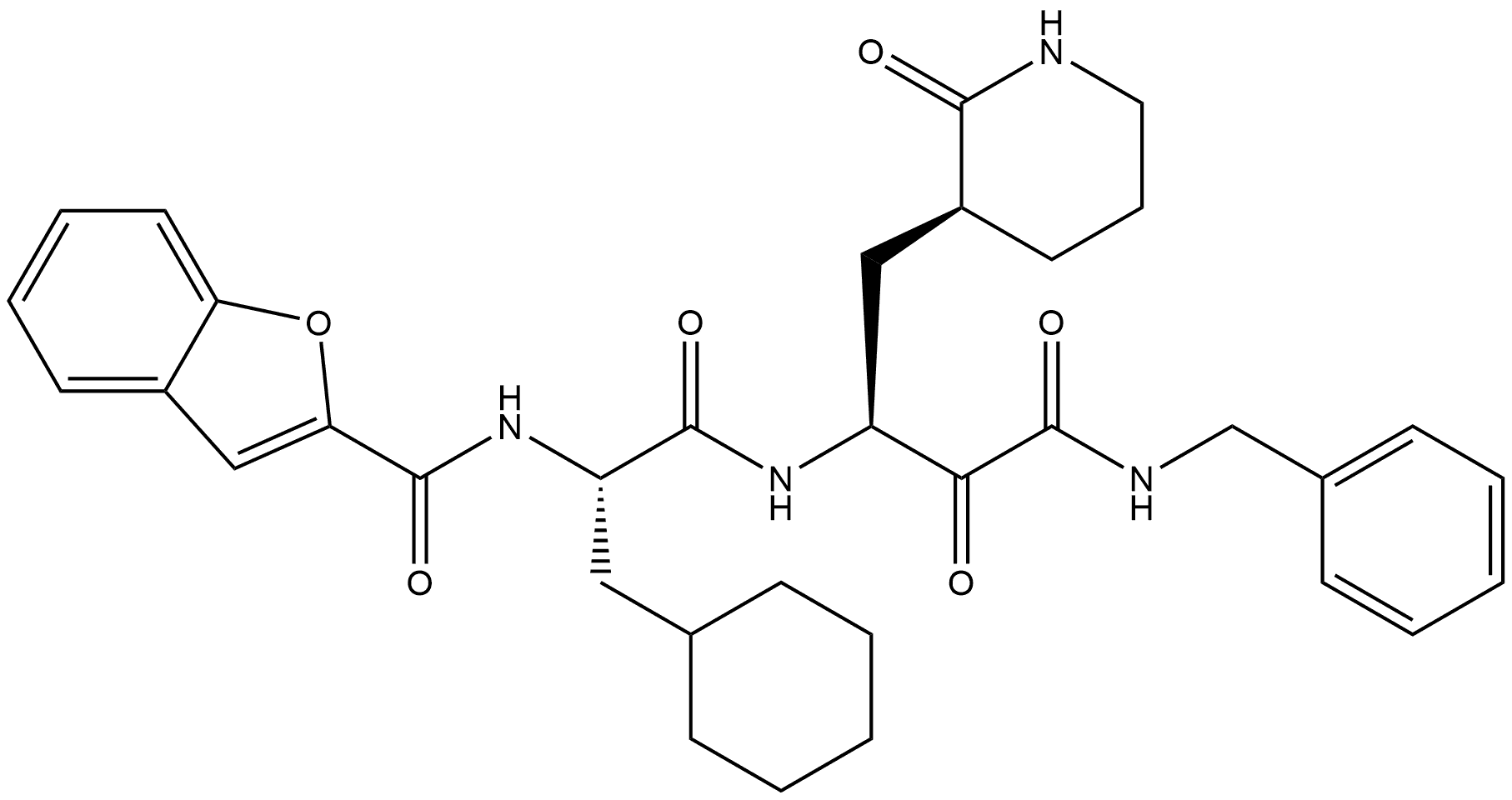 3-Piperidinebutanamide, β-[[(2S)-2-[(2-benzofuranylcarbonyl)amino]-3-cyclohexyl-1-oxopropyl]amino]-α,2-dioxo-N-(phenylmethyl)-, (βS,3S)- Struktur