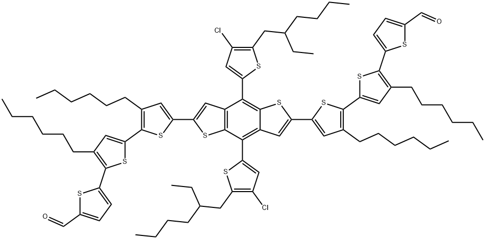 2,?2':5',?2''-?Terthiophene]?-?5-?carboxaldehyde, 5'',?5'''''-?[4,?8-?bis[4-?chloro-?5-?(2-?ethylhexyl)?-?2-?thienyl]?benzo[1,?2-?b:4,?5-?b']?dithiophene-?2,?6-?diyl]?bis[3',?3''-?dihexyl- Struktur